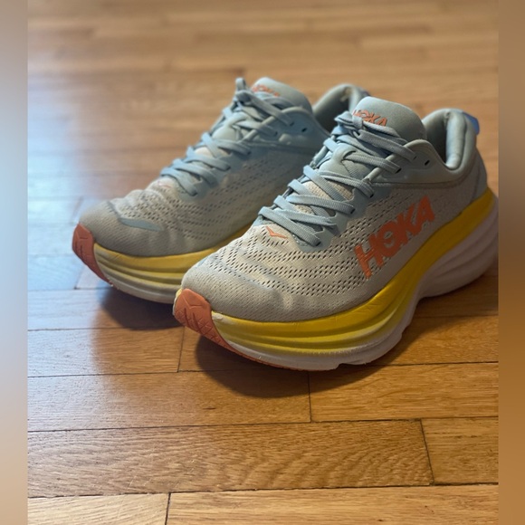 Hoka One One Shoes - Hoka Women's Gray and Yellow Bondi 8 Running Shoes Size 9.5